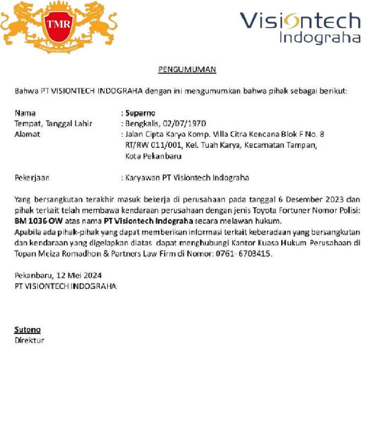 PT Visiontech Indograha Keluarkan Pengumuman Karyawan Bawa Kabur Mobil Perusahaan