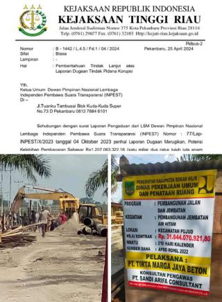Ketum DPN INPEST di Periksa Kejati Riau Atas Laporan Dugaan Mark Up Proyek Jembatan Air Hitam Rohil