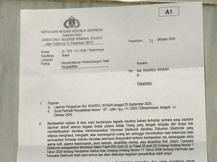 Pelapor Ujaran Kebencian Asal Kuansing Telah Diperiksa Penyidik Polda Riau