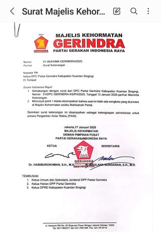 MK Tolak Gugatan Juprizal, Gerindra Minta Jangan Perlambat Proses PAW Ketua DPRD Kuansing