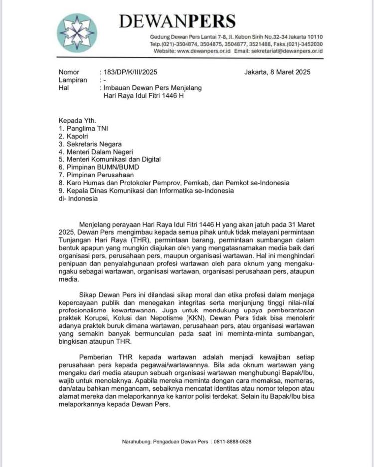Dewan Pers Keluarkan SE Tolak Wartawan Minta THR atau Sumabangan