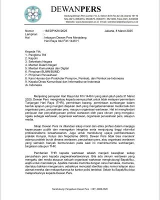 Dewan Pers Keluarkan SE Tolak Wartawan Minta THR atau Sumabangan