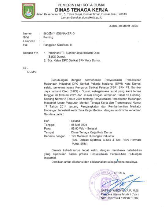 DPC SPN Dumai Tegaskan Akan Demo KID Jika Abaikan Klarifikasi III dari Disnaker