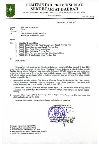 Besok, ASN dan THL Pemrov Riau Dihimbau Tak Gunakan Kendaraan Ada Unjuk Rasa