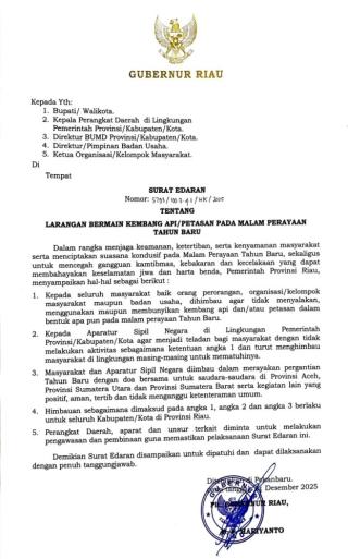 Pemprov Riau Keluarkan SE Larangan Pesta Kembang Api Malam Tahun Baru